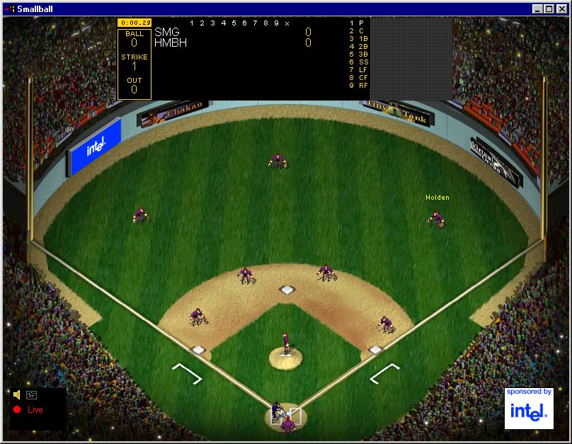 A SmallBall game in progress: a full stadium, the scoreboard reading one strike, fielders in position.