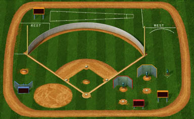 The SmallBall practice field seen from above, with training equipment and two rest areas marked out.