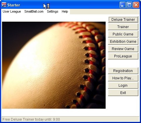 The SmallBall Starter window, listing Deluxe Trainer, Trainer, Public Game, Exhibition Game, Review Game and ProLeague.